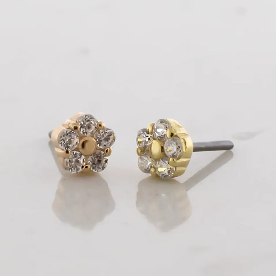 14K Gold Threadless End - Micro Flower Set W/ 5 Premium Zirconias