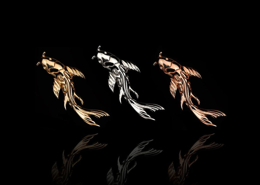 yellow, white, and rose gold detailed koi fish piercing jewelry for threadless posts