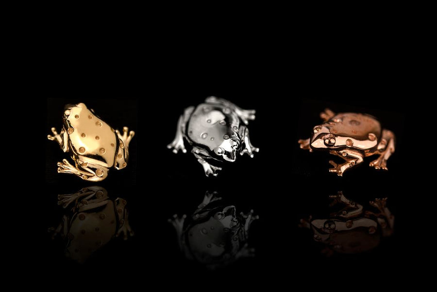 detailed frog piercing jewelry for threadless post; 14k yellow, white and rose gold