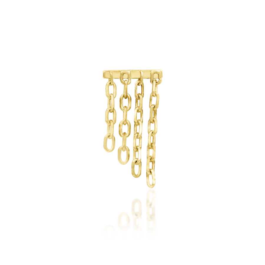 14k solid gold threadless end with bar and four hanging chains, 14k yellow gold