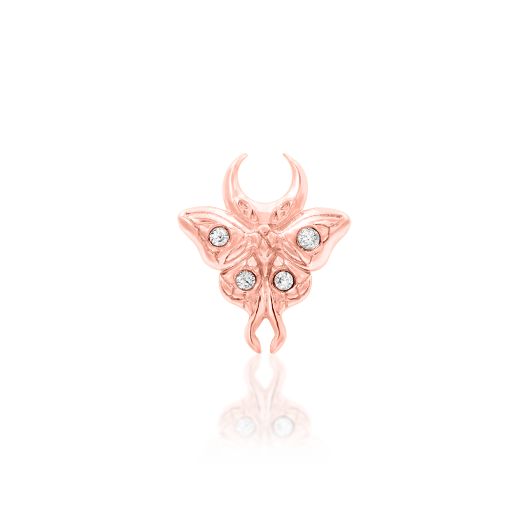 detailed solid gold and white cz luna moth piercing jewelry for threadless post; rose gold