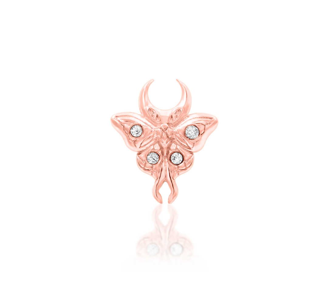 detailed solid gold and white cz luna moth piercing jewelry for threadless post; rose gold