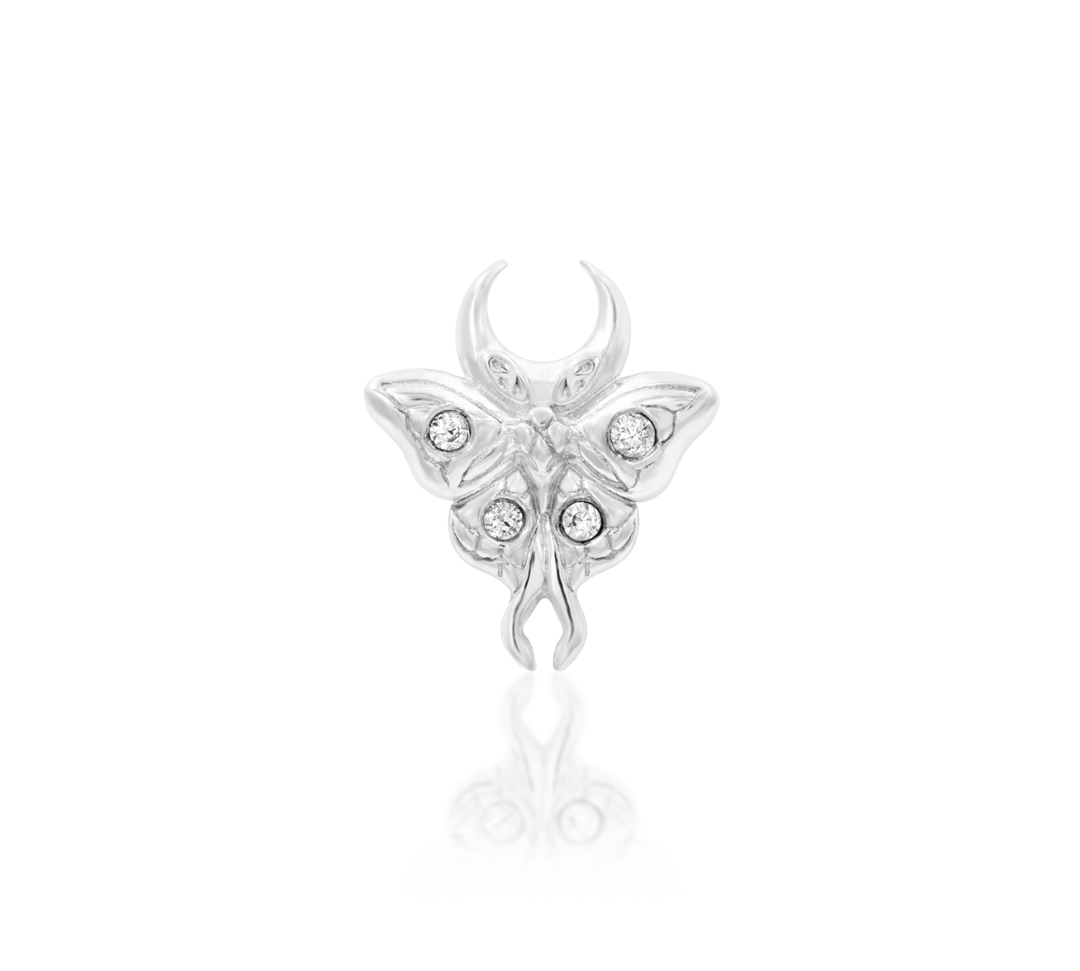 detailed solid gold and white cz luna moth piercing jewelry for threadless post; white gold